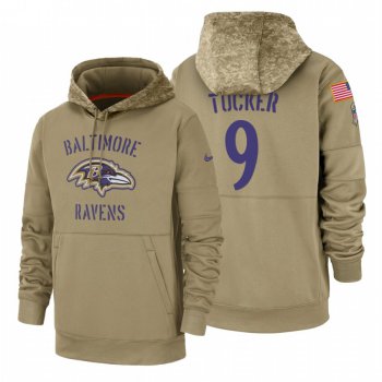Baltimore Ravens #9 Justin Tucker Nike Tan 2019 Salute To Service Name & Number Sideline Therma Pullover Hoodie