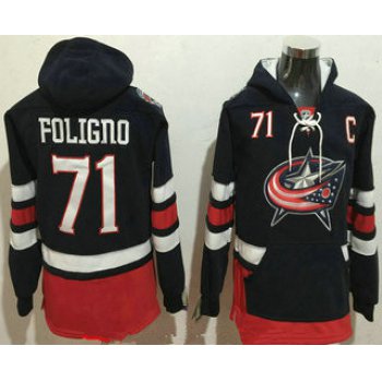 Men's Columbus Blue Jackets #71 Nick Foligno NEW Navy Blue Home Stitched NHL Old Tim Hockey Hoodie