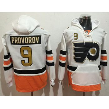 Men's Philadelphia Flyers #9 Ivan Provorov White with Gold 50th Patch Stitched NHL Old Tim Hockey Hoodie