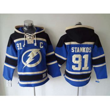 Men's Tampa Bay Lightning #91 Steven Stamkos Old Time Hockey Blue Hoodie
