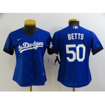 Women's Los Angeles Dodgers #50 Mookie Betts Blue 2021 City Connect Cool Base Stitched Jersey