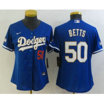 Women's Los Angeles Dodgers #50 Mookie Betts Red Number Blue Gold Championship Stitched MLB Cool Base Nike Jersey