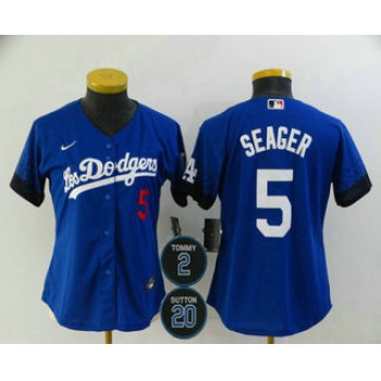 Women's Los Angeles Dodgers #5 Corey Seager Blue #2 #20 Patch City Connect Number Cool Base Stitched Jersey