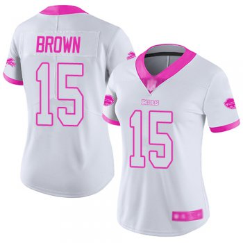 Bills #15 John Brown White Pink Women's Stitched Football Limited Rush Fashion Jersey