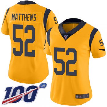 Rams #52 Clay Matthews Gold Women's Stitched Football Limited Rush 100th Season Jersey
