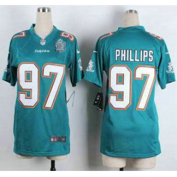 Women's Miami Dolphins #97 Jordan Phillips Aqua Green Team Color 2015 NFL 50th Patch Nike Game Jersey