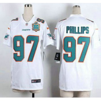 Women's Miami Dolphins #97 Jordan Phillips White Road 2015 NFL 50th Patch Nike Game Jersey