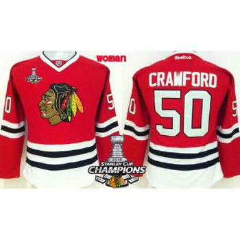 Chicago Blackhawks #50 Corey Crawford Red Womens Jersey W/2015 Stanley Cup Champion Patch