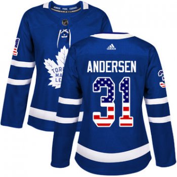 Adidas Toronto Maple Leafs #31 Frederik Andersen Blue Home Authentic USA Flag Women's Stitched NHL Jersey