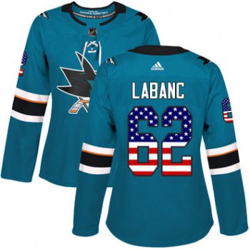 Adidas San Jose Sharks #62 Kevin Labanc Teal Home Authentic USA Flag Women's Stitched NHL Jersey