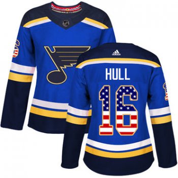 Adidas St.Louis Blues #16 Brett Hull Blue Home Authentic USA Flag Women's Stitched NHL Jersey