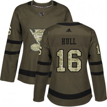 Adidas St.Louis Blues #16 Brett Hull Green Salute to Service Women's Stitched NHL Jersey