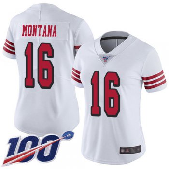 Nike 49ers #16 Joe Montana White Rush Women's Stitched NFL Limited 100th Season Jersey
