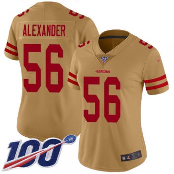 Nike 49ers #56 Kwon Alexander Gold Women's Stitched NFL Limited Inverted Legend 100th Season Jersey