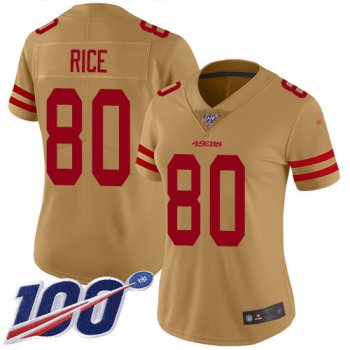 Nike 49ers #80 Jerry Rice Gold Women's Stitched NFL Limited Inverted Legend 100th Season Jersey