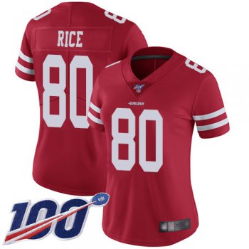 Nike 49ers #80 Jerry Rice Red Team Color Women's Stitched NFL 100th Season Vapor Limited Jersey