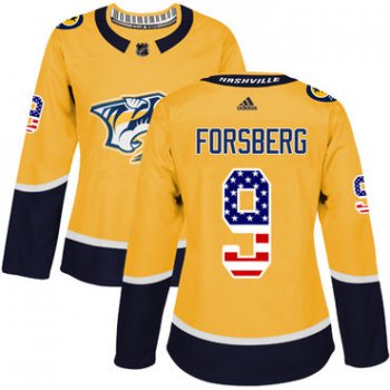 Adidas Nashville Predators #9 Filip Forsberg Yellow Home Authentic USA Flag Women's Stitched NHL Jersey