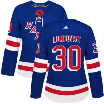 Adidas New York Rangers #30 Henrik Lundqvist Royal Blue Home Authentic Women's Stitched NHL Jersey