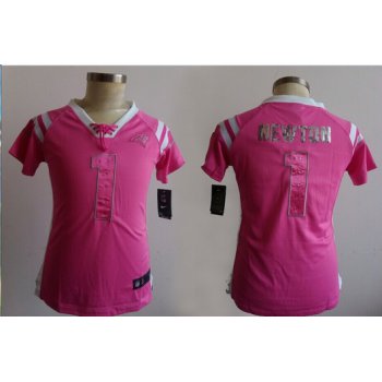 Nike Carolina Panthers #1 Cam Newton Drilling Sequins Pink Womens Jersey