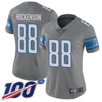 Nike Lions #88 T.J. Hockenson Gray Women's Stitched NFL Limited Rush 100th Season Jersey