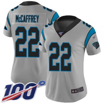 Nike Panthers #22 Christian McCaffrey Silver Women's Stitched NFL Limited Inverted Legend 100th Season Jersey