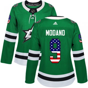 Adidas Dallas Stars #9 Mike Modano Green Home Authentic USA Flag Women's Stitched NHL Jersey