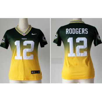 Nike Green Bay Packers #12 Aaron Rodgers Green/Yellow Fadeaway Womens Jersey