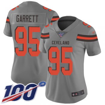 Nike Browns #95 Myles Garrett Gray Women's Stitched NFL Limited Inverted Legend 100th Season Jersey