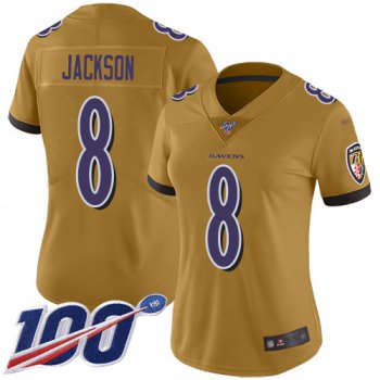 Nike Ravens #8 Lamar Jackson Gold Women's Stitched NFL Limited Inverted Legend 100th Season Jersey