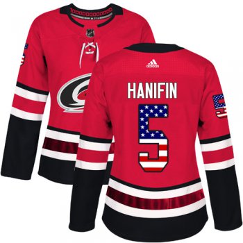 Adidas Carolina Hurricanes #5 Noah Hanifin Red Home Authentic USA Flag Women's Stitched NHL Jersey