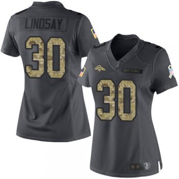 Broncos #30 Phillip Lindsay Black Women's Stitched Football Limited 2016 Salute to Service Jersey
