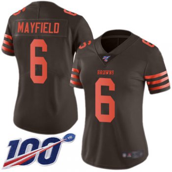 Browns #6 Baker Mayfield Brown Women's Stitched Football Limited Rush 100th Season Jersey
