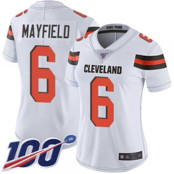 Browns #6 Baker Mayfield White Women's Stitched Football 100th Season Vapor Limited Jersey
