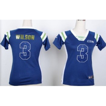 Nike Seattle Seahawks #3 Russell Wilson Drilling Sequins Blue Womens Jersey
