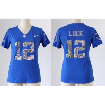 Nike Indianapolis Colts #12 Andrew Luck Handwork Sequin Lettering Fashion Blue Womens Jersey
