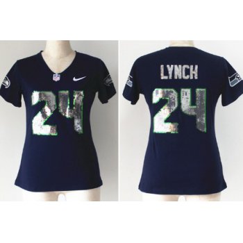 Nike Seattle Seahawks #24 Marshawn Lynch Handwork Sequin Lettering Fashion Blue Womens Jersey
