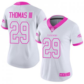 Ravens #29 Earl Thomas III White Pink Women's Stitched Football Limited Rush Fashion Jersey