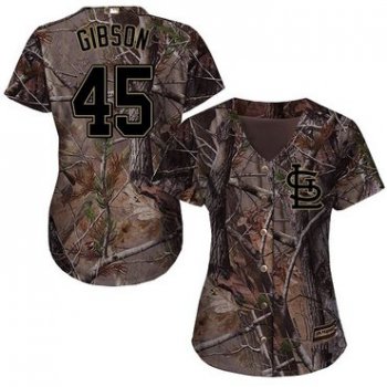 Cardinals #45 Bob Gibson Camo Realtree Collection Cool Base Women's Stitched Baseball Jersey
