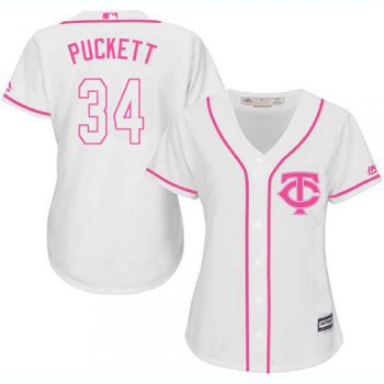 Twins #34 Kirby Puckett White Pink Fashion Women's Stitched Baseball Jersey
