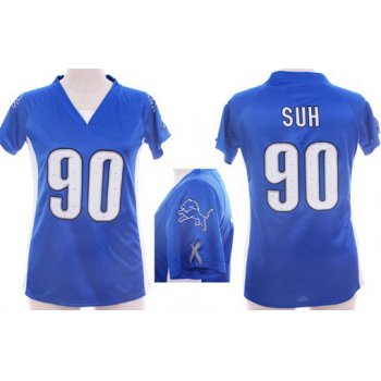 Nike Detroit Lions #90 Ndamukong Suh 2012 Light Blue Womens Draft Him II Top Jersey