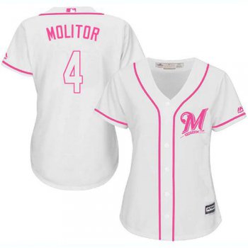 Brewers #4 Paul Molitor White Pink Fashion Women's Stitched Baseball Jersey