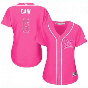 Brewers #6 Lorenzo Cain Pink Fashion Women's Stitched Baseball Jersey