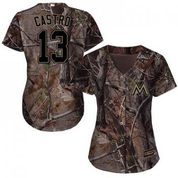 Marlins #13 Starlin Castro Camo Realtree Collection Cool Base Women's Stitched Baseball Jersey