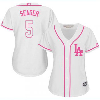 Dodgers #5 Corey Seager White Pink Fashion Women's Stitched Baseball Jersey