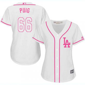 Dodgers #66 Yasiel Puig White Pink Fashion Women's Stitched Baseball Jersey