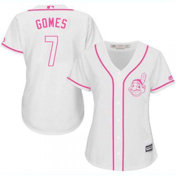 Indians #7 Yan Gomes White Pink Fashion Women's Stitched Baseball Jersey