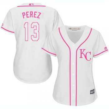 Royals #13 Salvador Perez White Pink Fashion Women's Stitched Baseball Jersey
