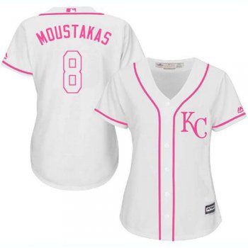 Royals #8 Mike Moustakas White Pink Fashion Women's Stitched Baseball Jersey