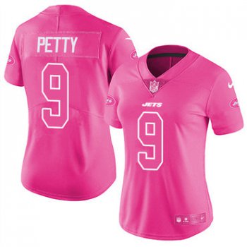 Nike Jets #9 Bryce Petty Pink Women's Stitched NFL Limited Rush Fashion Jersey