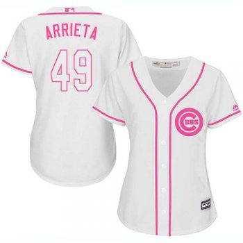 Cubs #49 Jake Arrieta White Pink Fashion Women's Stitched Baseball Jersey